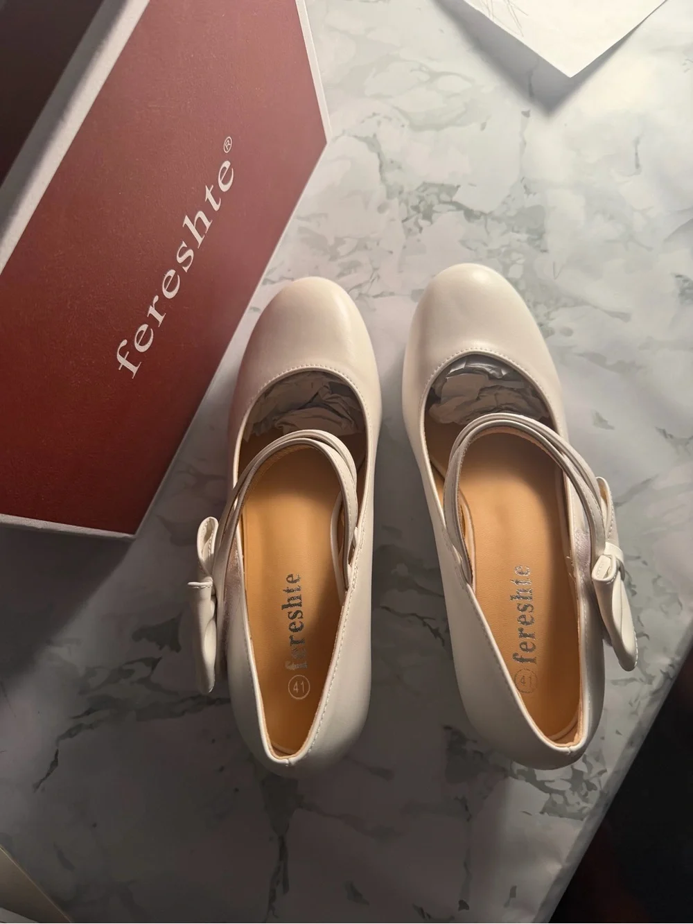 Women's Cream Mary Jane Flats with Bow Strap